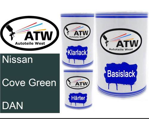 Nissan, Cove Green, DAN: 500ml Lackdose + 500ml Klarlack + 250ml Härter - Set, von ATW Autoteile West.